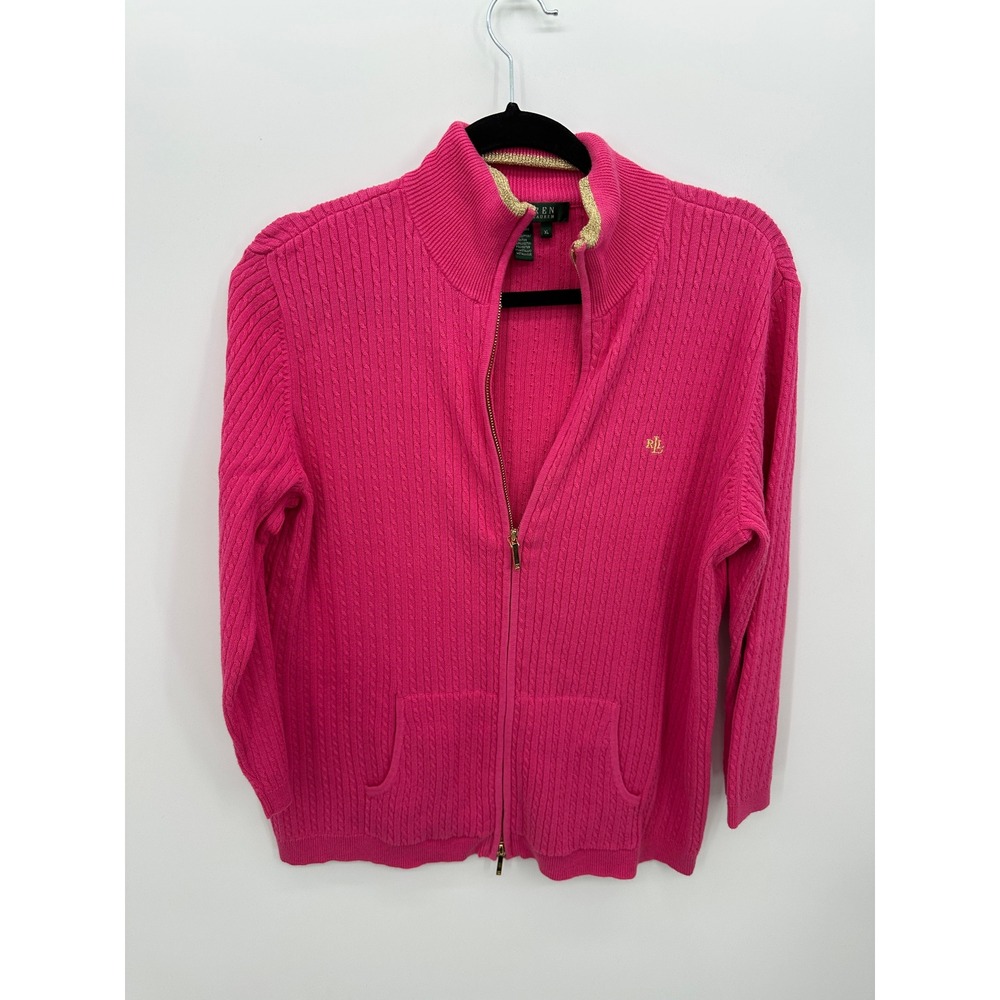 Lauren Ralph Lauren Cardigan Sweater Women Large Pink Full Zip Cable Knit Preppy
